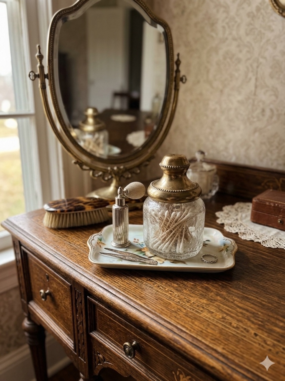 Early 20th century Brass-Top Crackle Glass Vanity Jar.  Antique